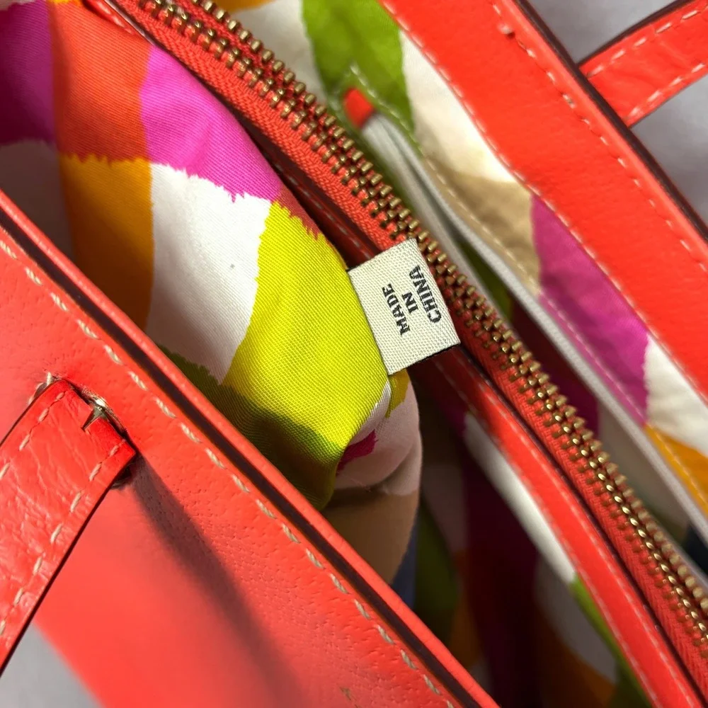Kate Spade New York Orange Pebbled‎ Leather Tote Bag Chevron Lining Gold Logo